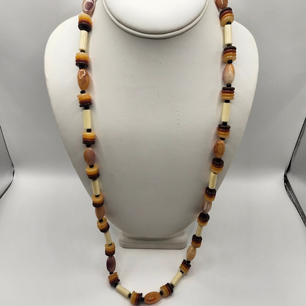 Vintage Earth Tone Beaded Necklace‎ Brown Orange Cream Resin Stone Barrel Clasp